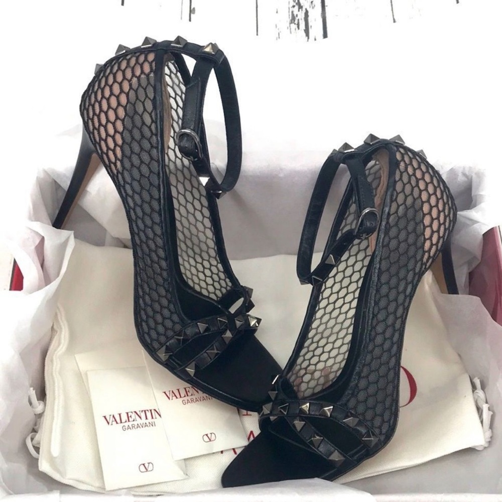 Valentino Garavani Black Fishnet RockStud Ankle Wrap Stiletto Sandal Size EU 38